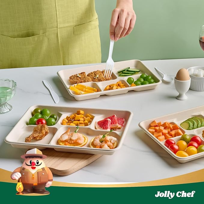 JOLLY CHEF Compostable 𝟱 Compartment 𝟭𝟭 * 𝟴 𝗶𝗻𝗰𝗵 Paper Plates [𝟭𝟬𝟬 𝗣𝗮𝗰𝗸] Heavy Duty Small Natural Divided Eco-Friendly Biodegradable Food Trays for Party Lunch Dinner Christmas