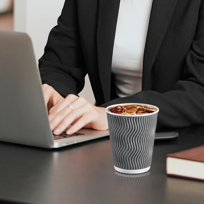 Coffee Cups 10 oz 120 Pack, Corrugated Insulated Ripple Wall Disposable Paper Coffee Cups 10oz, To Go for Hot Beverage or Cold Drinks Office/Home/Cafe/Party/Travel (Grey)
