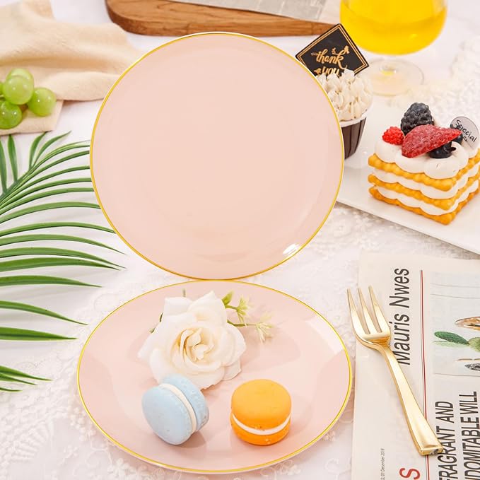 Festiva 200Pcs Pink Gold Cake Plates 6.3" with Forks 5"- Disposable Salad Plates-Pink Dessert Plates-Appetizer Plastic Plates - include 100Plates 100Forks for Party&Wedding&Easter&Valentine's Day