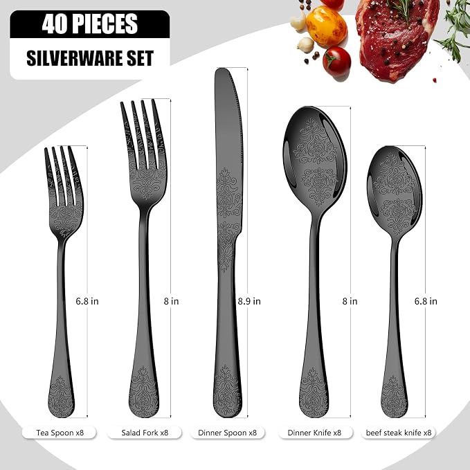 40 Pcs Black Silverware Set for 8, Food Grade Stainless Steel Flatware Set - Image 2