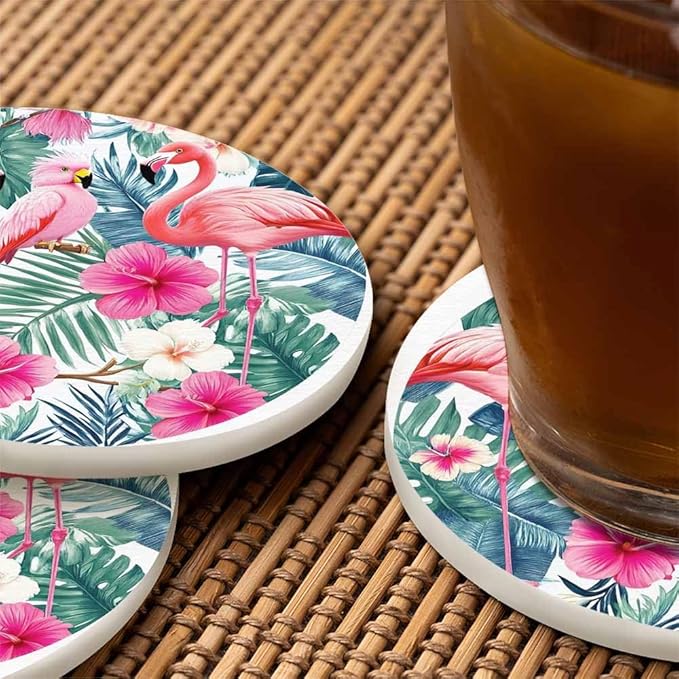 Toucan and Flamingos Drink Coaster for Tabletop Protection Exotic Banana Tropical Leaves Jungle Animal Birds Non-Slip Cups Place Mats Home Decor Diatomite Material for Men Women
