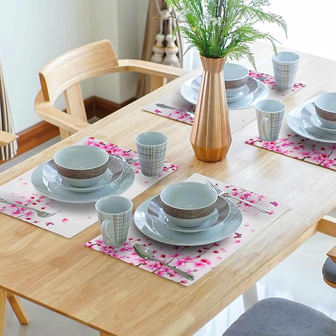 Cherry Blossom Placemats - Sakura Place Mats Set of 4 Pink Floral Flower Tablemats 12x18 for Party Kitchen Dining Farmhouse