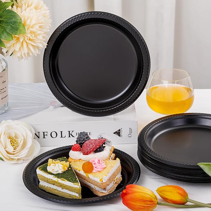 WELLIFE 7 Inch Black Dessert Plates 150 Count, Disposable Plastic Dessert Plates for Party Cake Appetizers Salad Picnic BBQ Easter