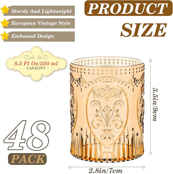 Qinyoung 48 Plastic Vintage Drinking Glasses 8.5oz Stemless Retro Embossed Wine - Image 2