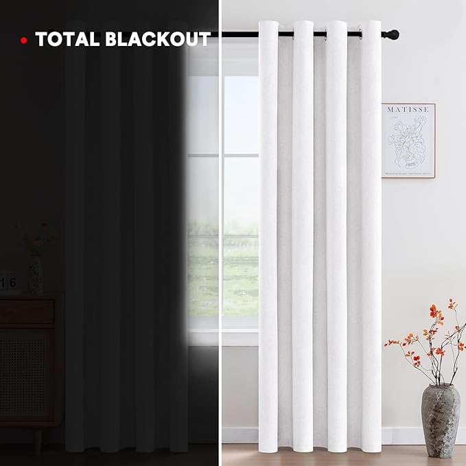 PrinceDeco Natural Linen Curtains 100% Blackout Curtains for Living Room 96 Inch Long,Heat & Light Blocking Curtains for Kids Bedroom Thermal Insulated Window Drapes 2 Panels Set - Heathered White