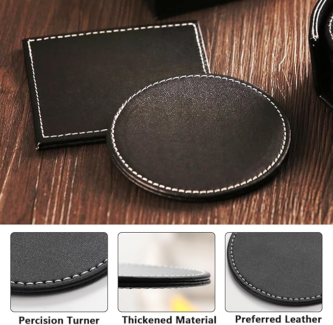 Custom Personalized Leather Coasters - Set of 6 | DIY Name, Photo, or Logo Coasters for Coffee Table, Bar, Beer, Wine | Ideal Housewarming Gift,Black