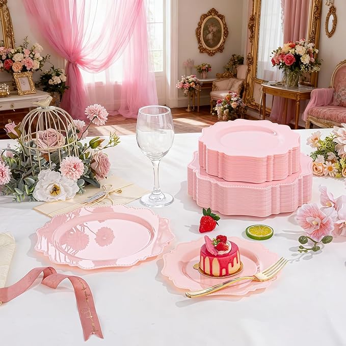 COLOSUS 100 pcs Pink Plastic Plates Set, Nice Disposable Plates,Pink Disposable plates Set for 50 Guest include 50 Dinner Plate 10.5 &50Dessert plates 8.25 for Party,Wedding, Birthday, Valentine's Day