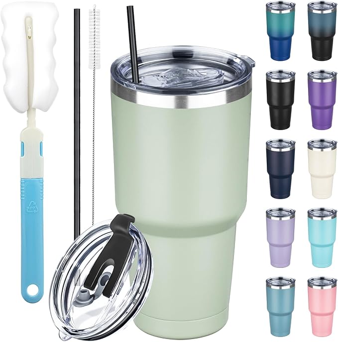 30 oz Tumbler with Lids and Straws, Stainless Steel Insulated Coffee Tumbler by GUDEMAO