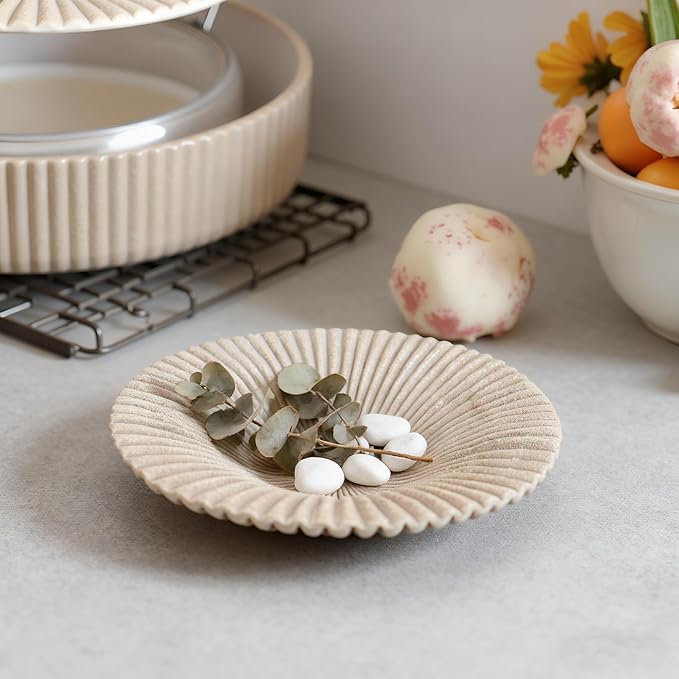 Decorative Bowl decor Tray, Scalloped Pedestal Bowls for Modern Home Decor,Ruffle Decor,Stylish Key Bowl for Entry Table,Decorative Fruit Bowl for Kitchen Counter,Artificial Stone Beige