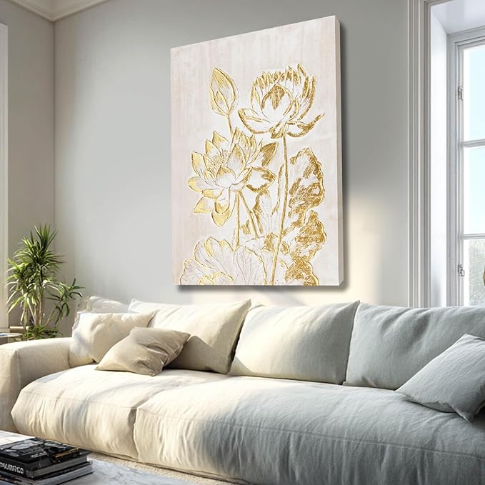 YJYart Plant Canvas Wall Art Flower Wall Decor Gold Wall Decorations 24"x36" Office Art Posters Oil Painting for Bedroom Kitchen