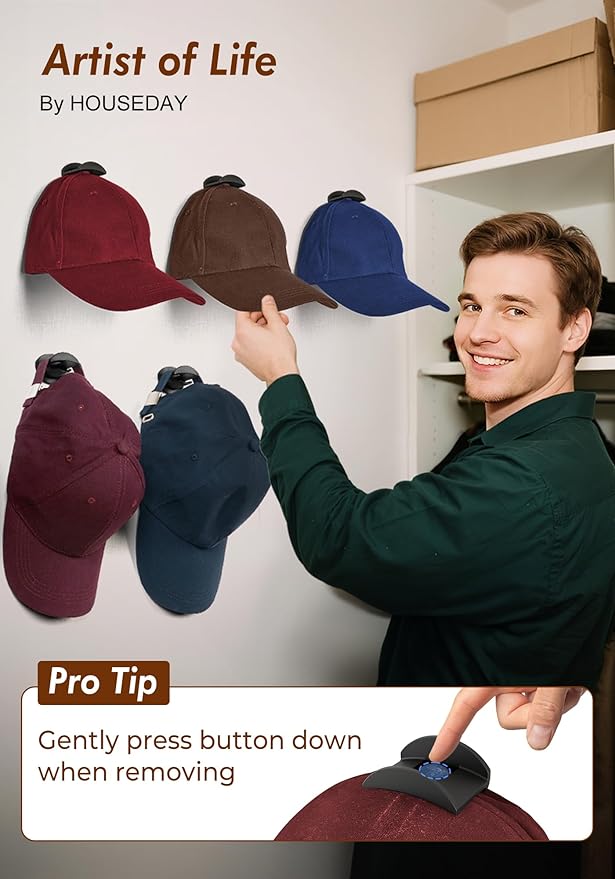HOUSE DAY Adhesive Hat Hooks for Wall 32 Pack, Strong Hat Rack for Baseball Cap Display Organizer, Hats Holder for Wall, Door, Closet, No Drilling, Black