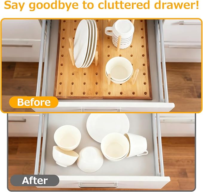 Foldable Pegboard Organizer for Kitchen – Bamboo Base & Acacia Wood Edge Dish Rack for Kitchen Countertop, Cabinet, and Drawer, 16 Removable Pegs, 15.7" x 15.7"
