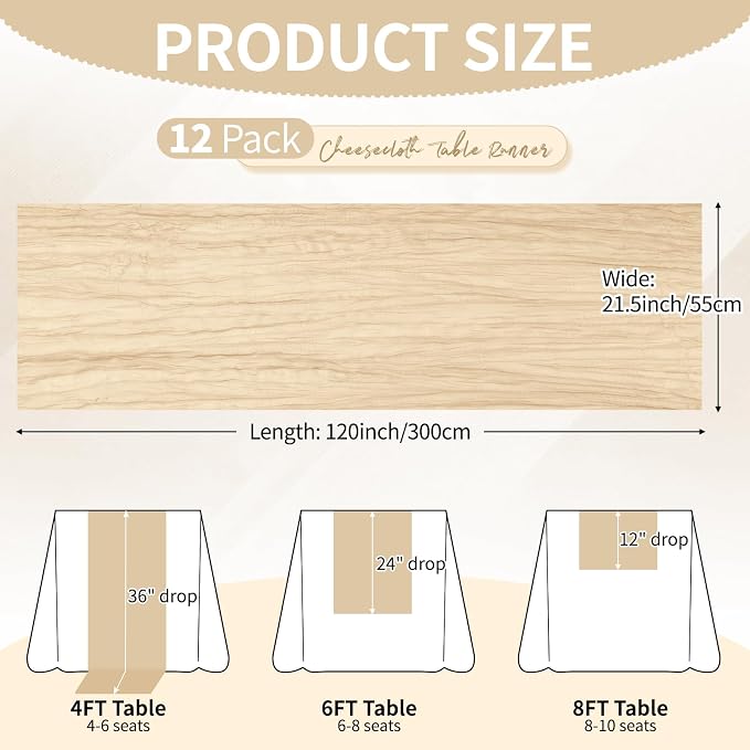 12 Pack Beige Cheesecloth Table Runner 10Ft, Gauze Table Runners 21.5 x 120 inch - Image 2