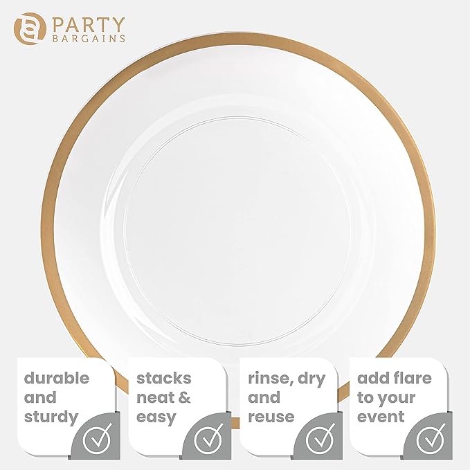 PARTY BARGAINS 13-Inch Charger Plates - 96 Pack, Clear Gold Rim, Heavy-Duty Disposable Chargers for Elegant Dining - Ideal for Weddings and Formal Events