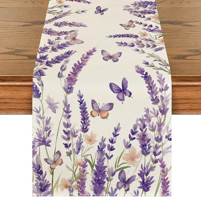 Artoid Mode Purple Lavender Floral Butterflies Spring Table Runner, Seasonal by ArtoidMode