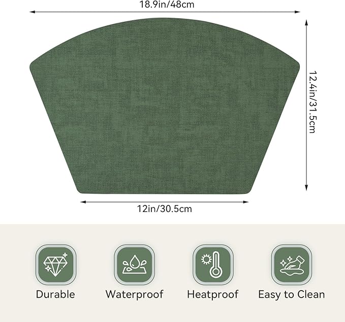 Round Table Placemats Set of 6, Faux Leather Wedge Shape Place Mats Heat Resistant Wipeable Washable Table Mats for Dining Outdoor Indoor, Green