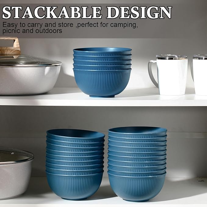 Eccliy 24 Pcs Wheat Straw Bowl Sets, Unbreakable Cereal Bowl 24 oz, Microwave and Dishwasher Safe Bowls for Cereal, Salad, Snack and Soup, Winter Style(Blue)