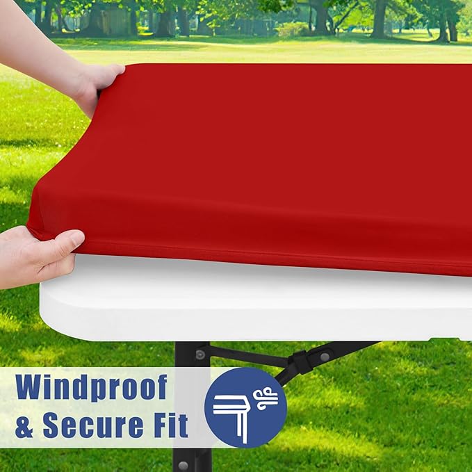 Spandex 4 Foot Rectangle Christmas Table Cloth 2 Pack, Elastic Fitted Tablecloths for Picnic, Stretch Washable Patio Table Cover for Outdoor, Camping, Banquet and Parties (Red, 30"x48")