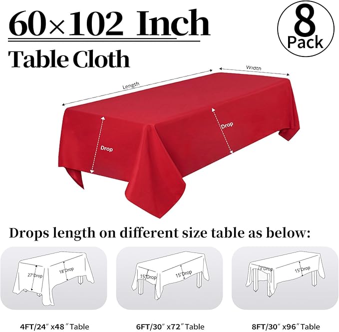 8 Pack Red Tablecloth 60 x 102 Inch Rectangular Valentine’s Day Table Cloth for 6 Foot Rectangle Tables, Wrinkle Resistant Washable Polyester Fabric Table Covers for Party Banquet Buffet and Camping