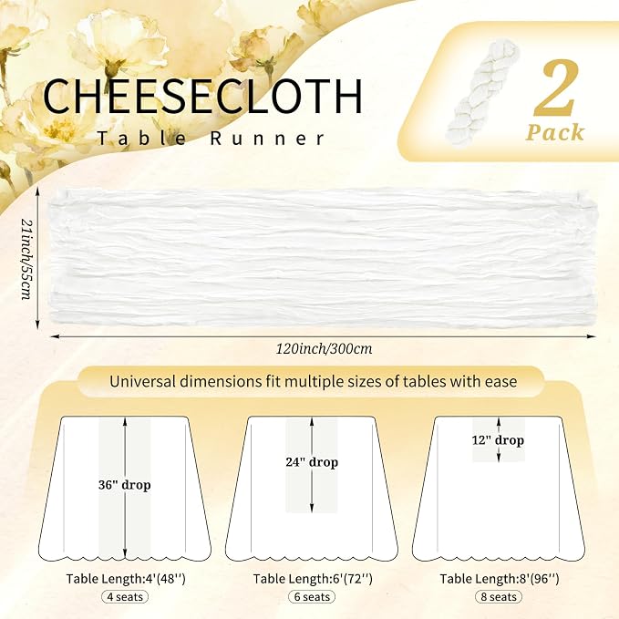 Showgeous 2 Pack Ivory White Cheesecloth Table Runners Boho Wedding Decor | - Image 2