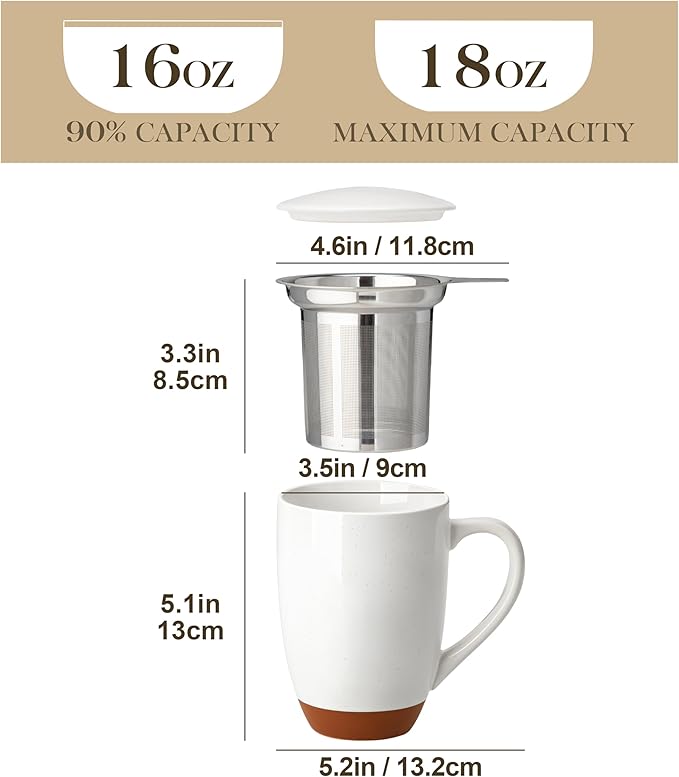 MALACASA Ceramic Tea Mug with Lid and Stainless Steel Infuser, 18 oz Large Tea - Image 2