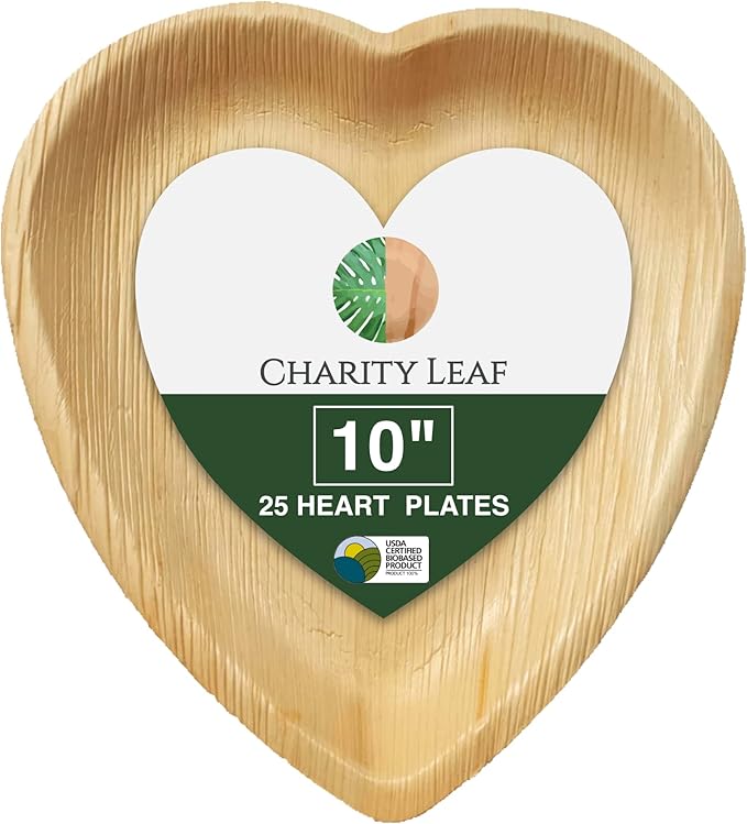 Charity Leaf Disposable Palm Leaf 10" Heart Plates (25 pieces) Bamboo Like Serving Platters, Disposable Boards, Eco-Friendly Dinnerware For Weddings, Catering, Events