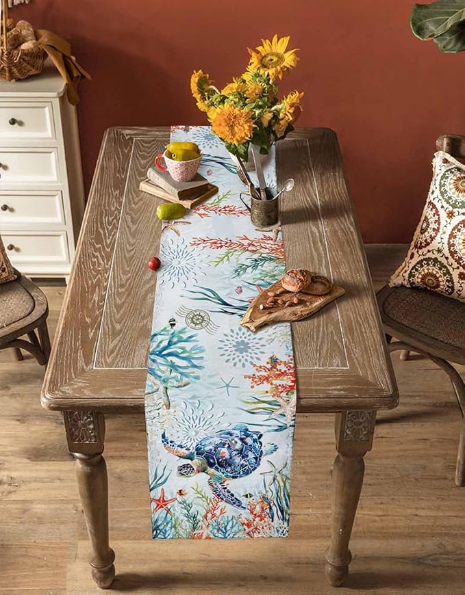 Sea Turtle Coastal Table Runners 60 Inches Long, Summer Beach Coral Table - Image 4