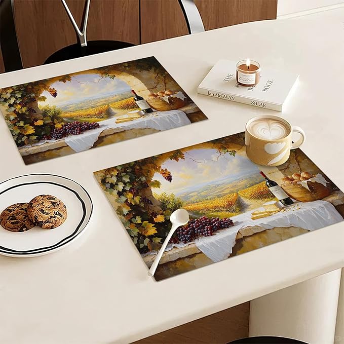 Wine Placemats Set of 6, French Country Grape Place Mats, Grapes Waterproof Washable Table Mats for Home Party Indoor Kitchen Dining Table Decoration 12x18 Inch