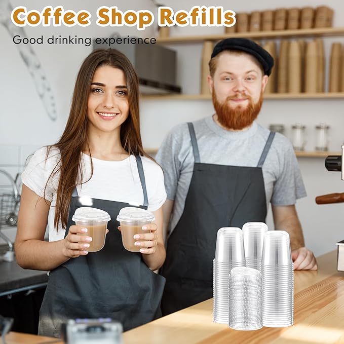 Baderke 100 Pcs Plastic Cups with Sip Lids Round Bottom Disposable Plastic Coffee Cups with Lids Clear Strawless Crystal Mugs for Iced Coffee Smoothie Cold Beverage Party Catering Supplies (10 oz)