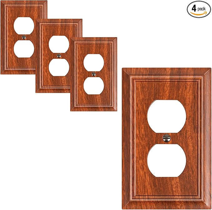 4-Pack Duplex Outlet Cover Plate, Decorative Wood Grain Switch Plates and Outlet Covers, Natural Bamboo Fiber Wall Plates for Electrical Outlets, 1 Gang Receptacle Cover, Corrosion Resistant