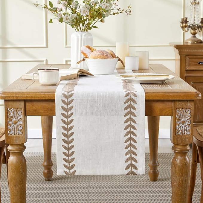 Wracra Embroidered Table Runner, Taupe Table Runners 36 Inches Long | Irregular by Wracra