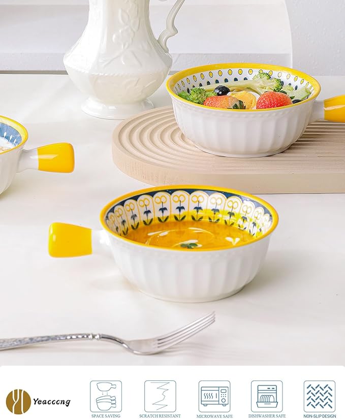 Yeacccng Soup Bowls with Handles, 23 Oz French Onion Soup Bowls Set of 4, Ceramic Soup Bowl for Kitchen, Oven/Microwave Bowls, 6 Inch Ceramic Soup Crocks, Cute Bowls, Scratch-Resistant, Lead-Free