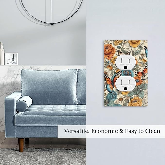 Outlet Covers Vintage Colorful Floral Butterfly Flowers 1 Gang Duplex Light Switch Cover Plate Decorative Wall Plates Electrical Switchplate Receptacle for Bathroom Bedroom Decor（2 Pack）