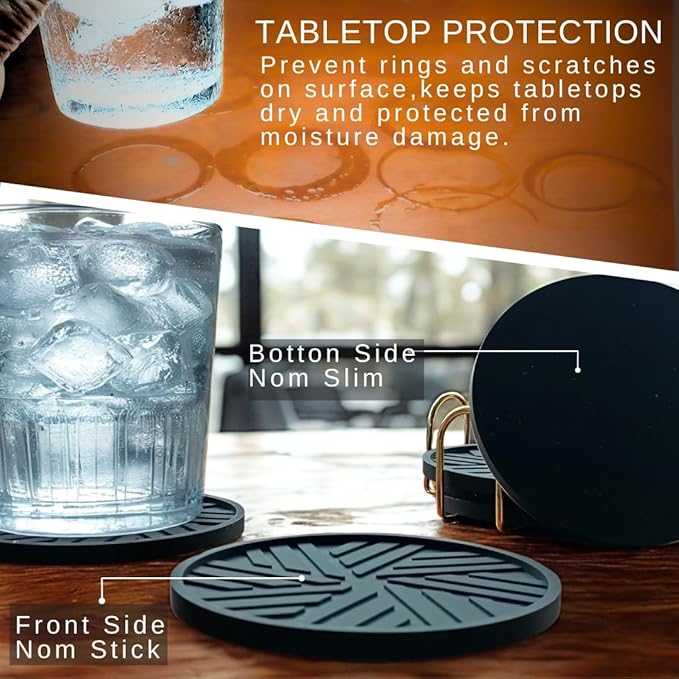 Black Silicone Coasters Set of 6 with Gold Holder - Smart and Modern Design That Holds Your Drink’s condensations, Protecting Your Coffee Table, Perfect Decor for Home, Office, bar