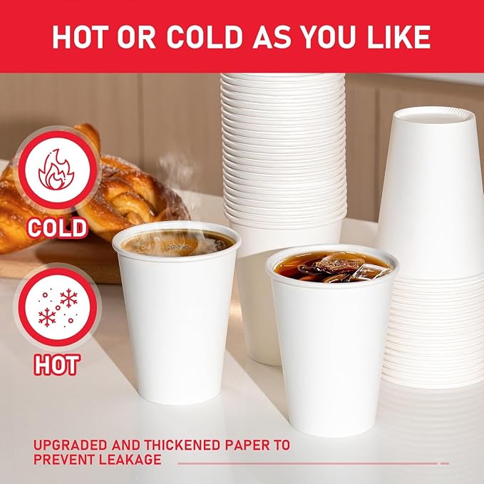 12 oz 300 Pack Paper Coffee Cups, Hot Paper Cups, Thickened Leak-Free White - Image 4