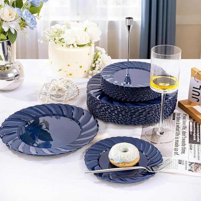 U-QE 60 Pcs Blue Plastic Plates for Party – Scalloped Blue Plates Disposable Heavy Duty – Include 30 10.25" Dinner & 30 7.25" Dessert Plate - Perfect for Parties, Weddings