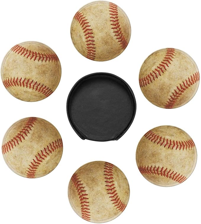 Baseball Coasters for Drinks with Holder Leather Coasters Set of 6 for Coffee Table