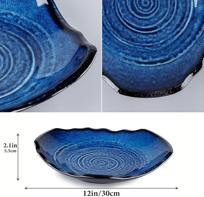 Ceramic Decorative Bowl - 12" Large Blue Pottery, Blue Decorative Bowl, Porcelain Centerpiece Tray, Key Bowl for Entryway Table, Living Room, Dining, Trinket Dish, Gift Decor Tray