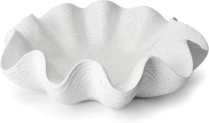 Scalloped Decorative Bowl Home Decor - 12.6" Modern Handicraft Large Shell Ruffle Decorative Fruit Bowl for Kitchen Counter, Chic Key Tray for Entryway Table, Artificial Stone White