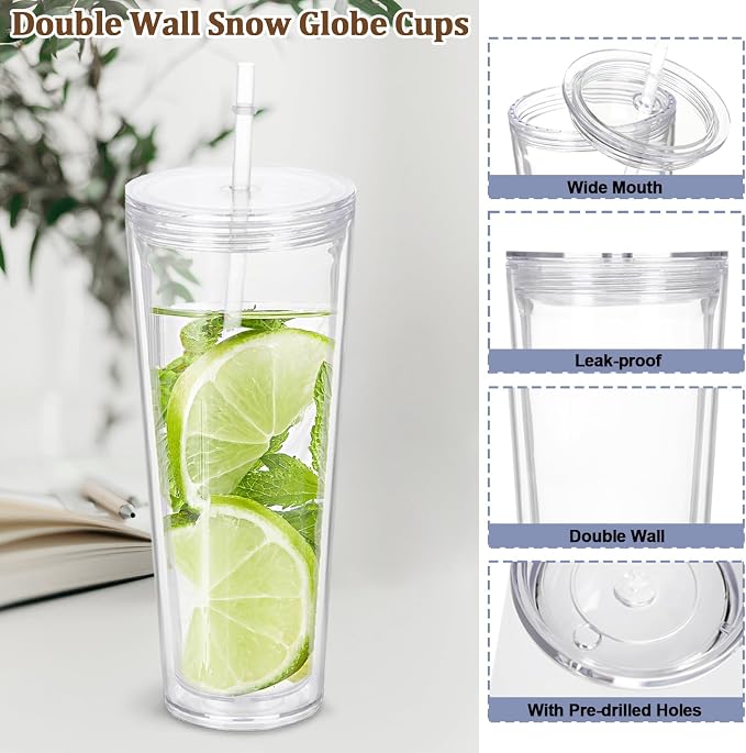 8 Pack 24Oz Snow Globe Tumblers, Double Wall Acrylic Snowglobe Cup - Image 4