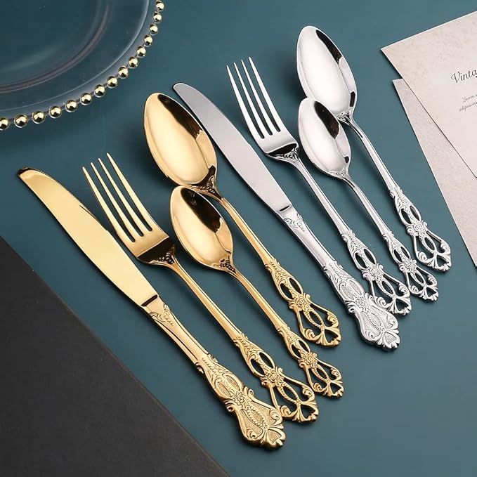 Silverware Set for 8 Stainless Steel Flatware Set Palace Style Hollow Relief Decoration 32 Piece Cutlery Utensils Include Knives Forks and Spoons Tableware Set for Home Kitchen Restaurant Party