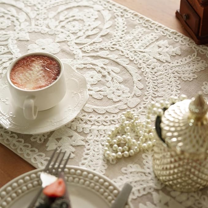 Coffee Table Runner Embroidered Boho Dresser Scarf, 4 Tassel Pendants, Layered - Image 5