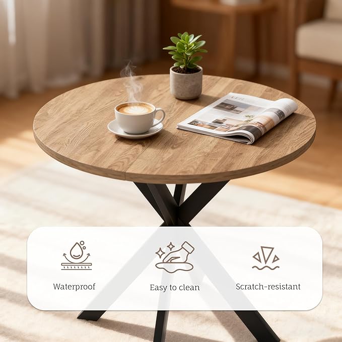 31.5" Round Dining Table and Chairs Set for 2, Small Dining Table Chairs Set Space-Saving, Round Table Set with Upholstered Chairs for Kitchen Dining Room Apartment(Natural + Brown)