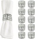 Shiny Silver Napkin Rings Set of 12, Greek Key Round, Modern Cuff Design for Wedding Party Decorations, Kitchen, Holiday Table,Rust Proof,Hotel, Home,Iron, Table Accessories for Dining,Gift