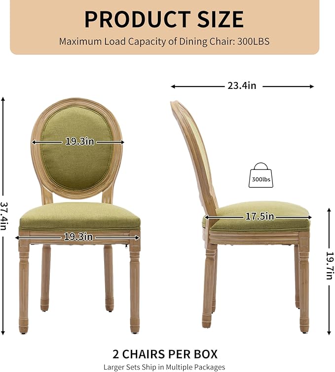 Vintage French Dining Chairs Set of 2, Round Back Upholstered Accent Chairs in Linen Fabric with Solid Wood Frame, Farmhouse Sillas de Comedor for Dining Room & Kitchen, Olive Green