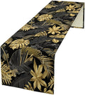 Golden Leaves Table Runner Jungle Black Tropical Plam Tree Retro Boho Hawaii by moderw