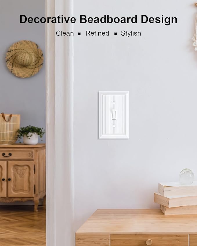 2-Pack Classic Beadboard Single Toggle Light Switch Cover Plate, Durable Natural Bamboo Fiber Decorative Switch Plate Covers, Pure White 1 Gang Wall Plate