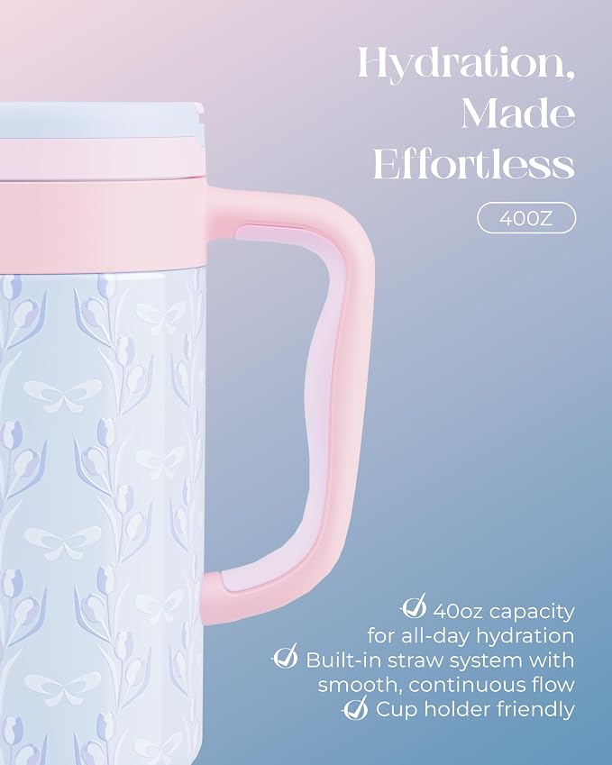40 oz Insulated Tumbler with Handle and Push-Button Straw Lid, Stainless Steel - Image 5