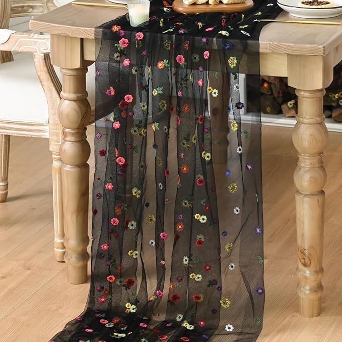 Artoid Mode Black Embroidery Daisy Gauze Table Runner 120 Inch 10FT | Seasonal - Image 4