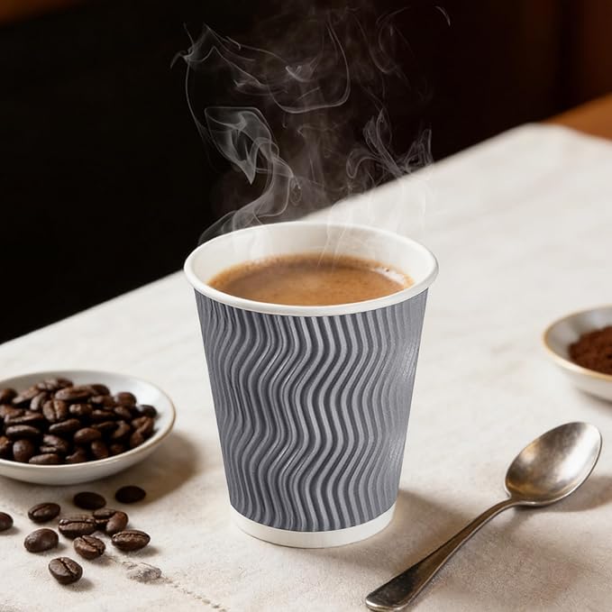100 Pack 8 oz Coffee Cups with Lids, Disposable Insulated Hot Cups To Go Paper Coffee Cups, Corrugated Ripple Wall Cup for Hot Drink, Office, Coffee Bar (Grey 8 oz)